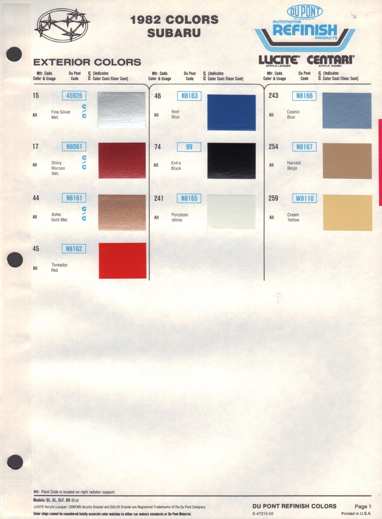 1982 Subaru Paint Charts DuPont 1